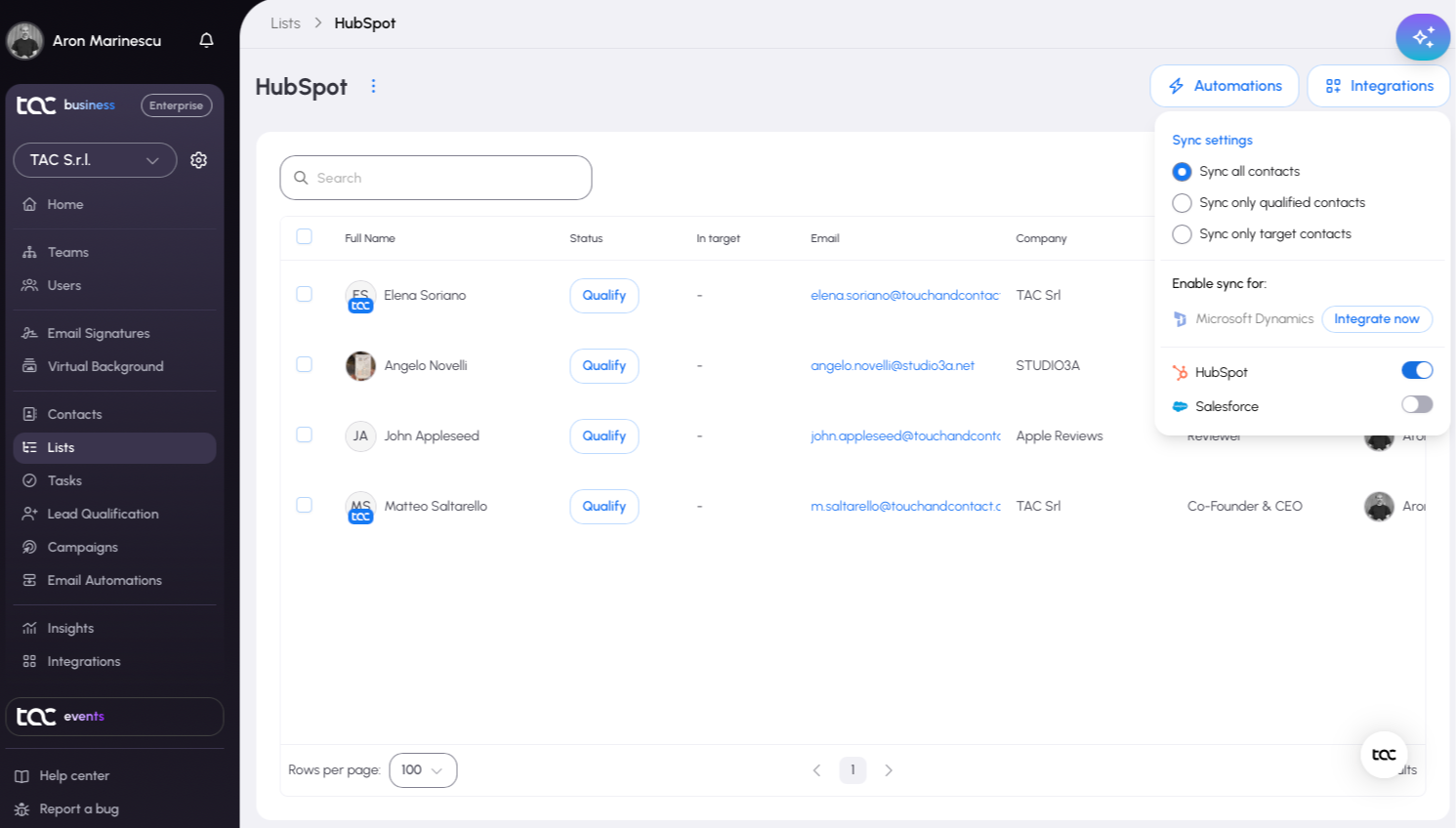 Automatische Synchronisierung von Kontakten zwischen TAC und HubSpot