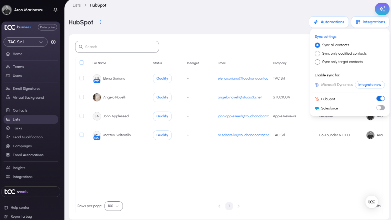 Automatische Synchronisierung von Kontakten zwischen TAC und HubSpot